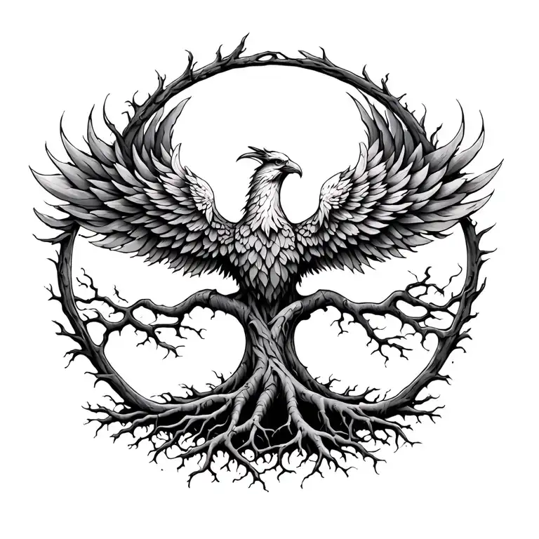 Tree of life with roots represent a phoenix tattoo design idea