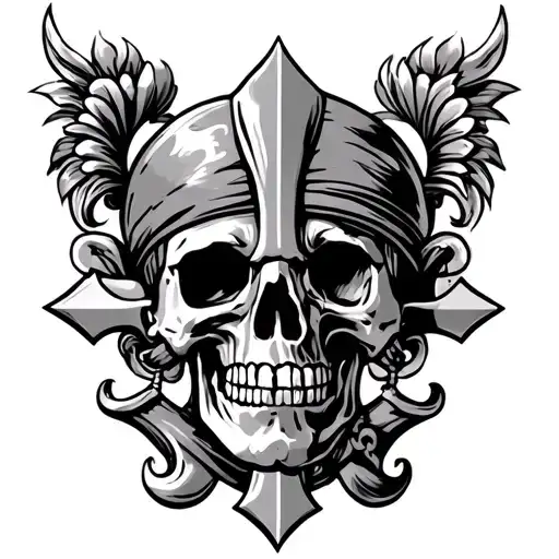 Fleur de Lys with the Holy Michel with the Lorraine Cross and Pirate Pirate Melanged head tattoo design idea