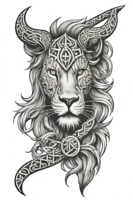 lion face wearing viking runes tattoo design idea