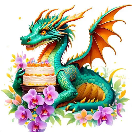 Colorful dragon holding a cake with orchid embellishments tattoo design idea
