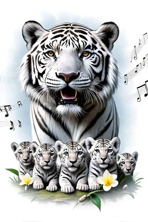 fierce white tiger surrounded by 5 cubs, music notes, wind, narcissus tattoo design idea