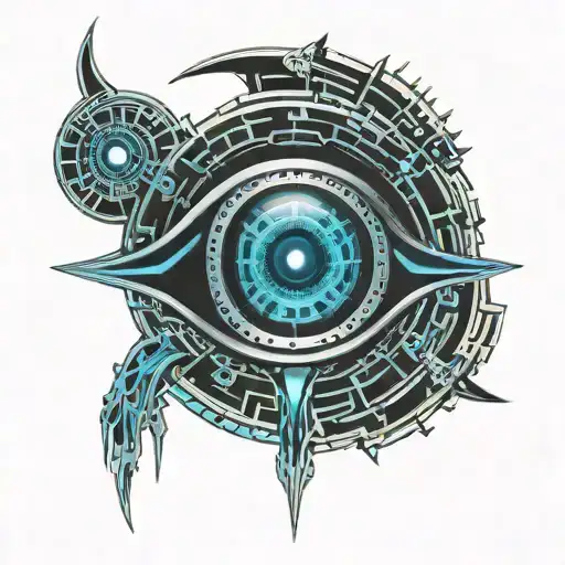 blind eye symbol with blue glowing rings around the iris  tattoo design idea