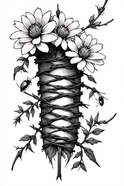 thin barbed wire and wild flowers with lightning bugs spine tattoo tattoo design idea