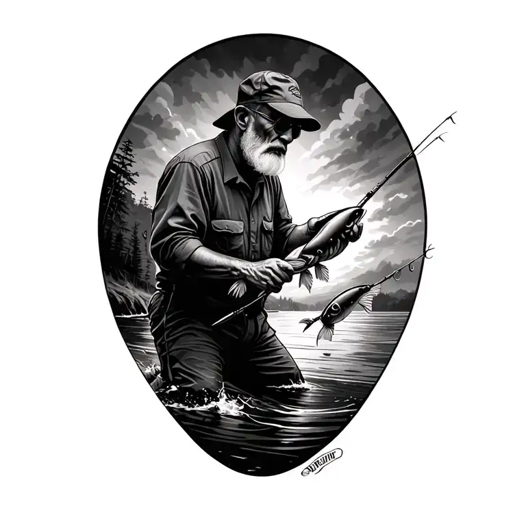 Fishing scene casting with grandpa tattoo design idea