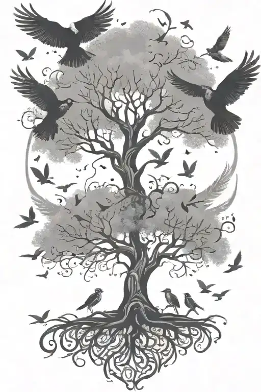 tree of life with birds flying and feathers soaring tattoo design idea