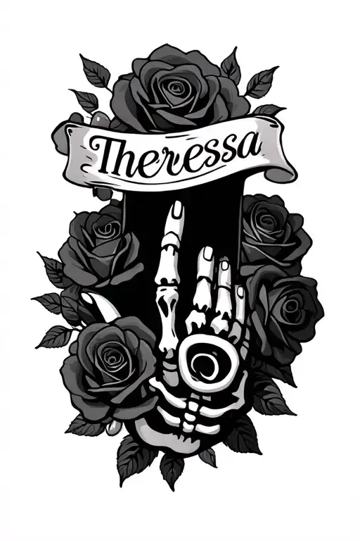 grandmother name Theresa with roses around it covering the whole hand with a skeleton ring and pinky finger tattoo design idea
