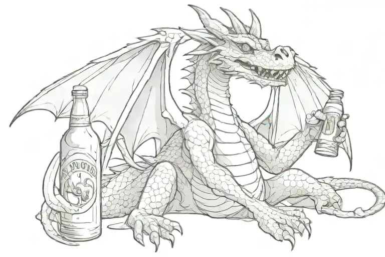 drunk dragon with a bottle of beer below the inscription tattoo design idea