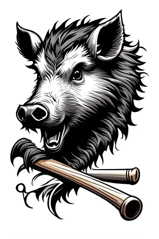 baseball bat and wild boar head tribal tattoo tattoo design idea