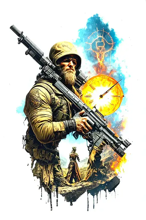 Top of the arm fallout the game following by skyrim the game. like a time age passing. variety of iconic from both games tattoo design idea