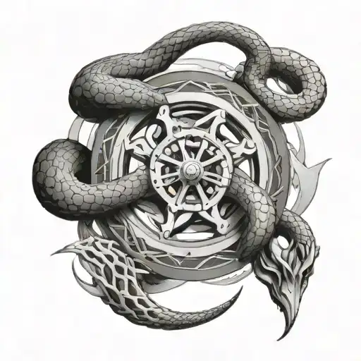 Wheel of time based ouroboros snake in an infinity shake above a wheel with spokes tattoo design idea