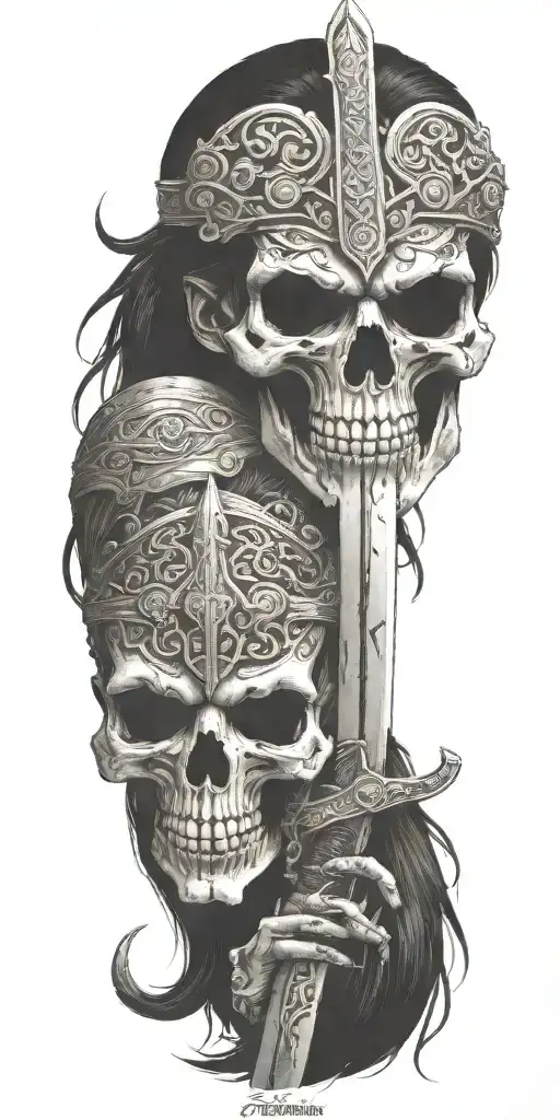 viking zombie girl all bloody sword with cuff tattoo design idea