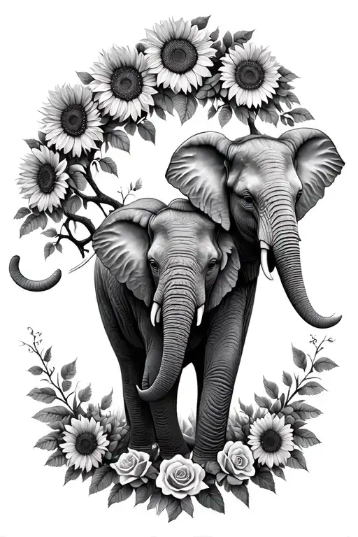 Mother elephant and baby elephant hugging with sunflowers and roses around them . Resembling tree of life and giving bir tattoo design idea