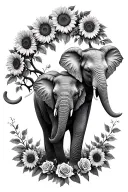 Mother elephant and baby elephant hugging with sunflowers and roses around them . Resembling tree of life and giving bir tattoo design idea