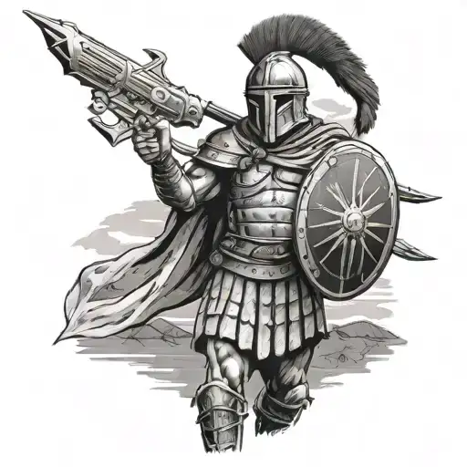 Roman hoplite wearing M1956 web gear holding a spear and shield with a slung AK-47 tattoo design idea