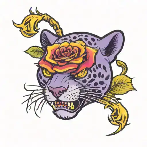 Purple panther head hissing with long stem yellow rose tattoo design idea