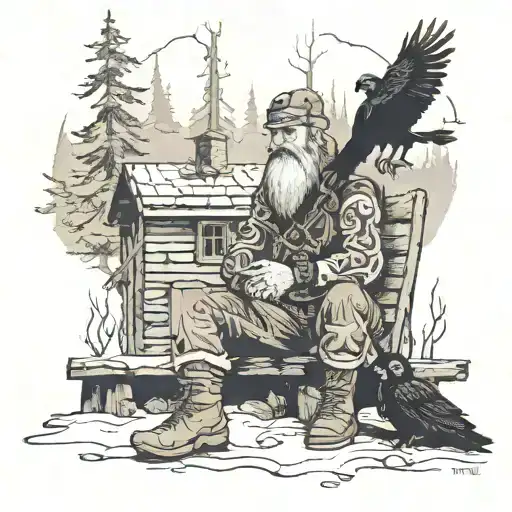 Man sitting in the woods by a fire and cabin who is greeted by Odin and his ravens tattoo design idea