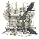 Man sitting in the woods by a fire and cabin who is greeted by Odin and his ravens tattoo design idea