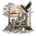 Man sitting in the woods by a fire and cabin who is greeted by Odin and his ravens tattoo design idea