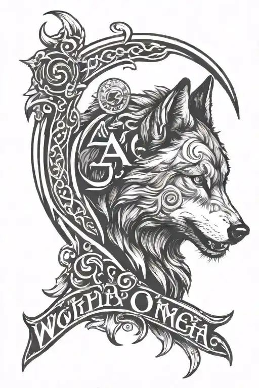 wolf with alpha omega symbol greek letters tattoo design idea