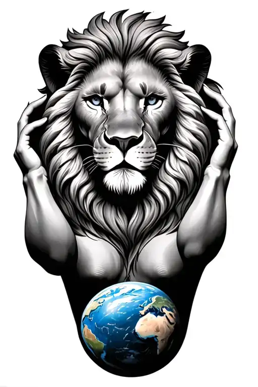 lion Atlas with human body holding up the world tattoo design idea