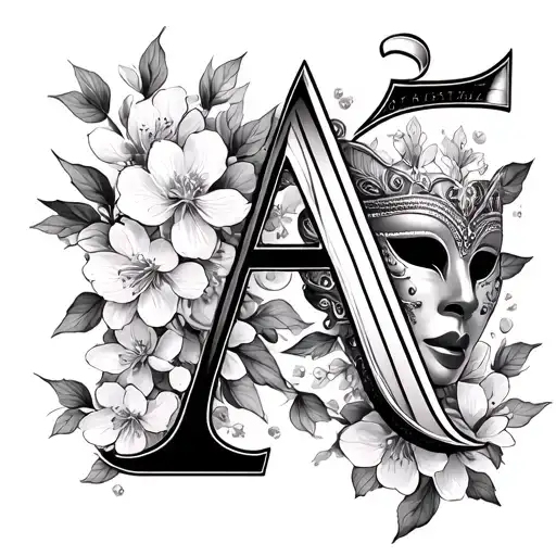 Letter A and number 5 surrounded by cherry blossoms and Mardi Gras mask tattoo design idea