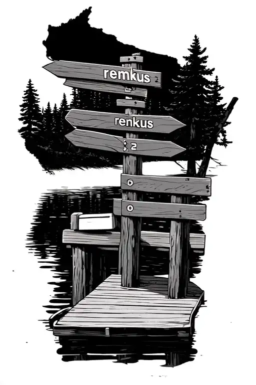Wisconsin lake view of 2 docks with pine trees and 5 directional signs with only one saying "remkus" and the rest blank. tattoo design idea
