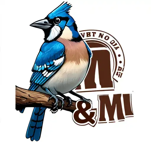 "M & M" blue jay perched on a tree tattoo design idea
