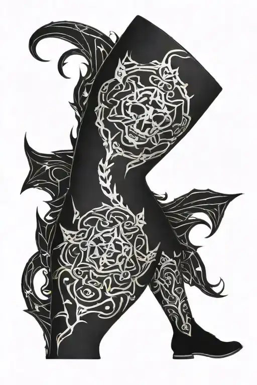 leg sleeve, blackout, armor style, tibia and calf, shin guards, minimalist details, no ankle coverage, full blac tattoo design idea