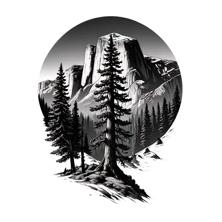 Yosemite half dome with single large redwood tree tattoo design idea