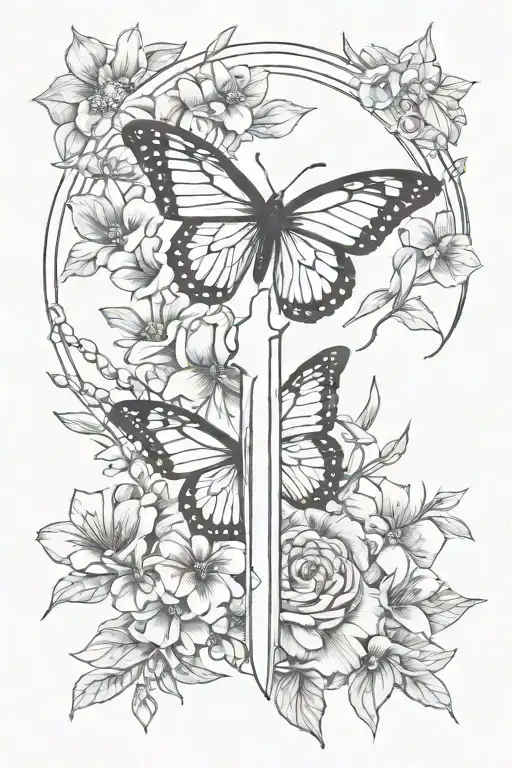 knife with butterfly in the middle surrounded by flowers and on the side I want written pain shapes a women into a warr tattoo design idea