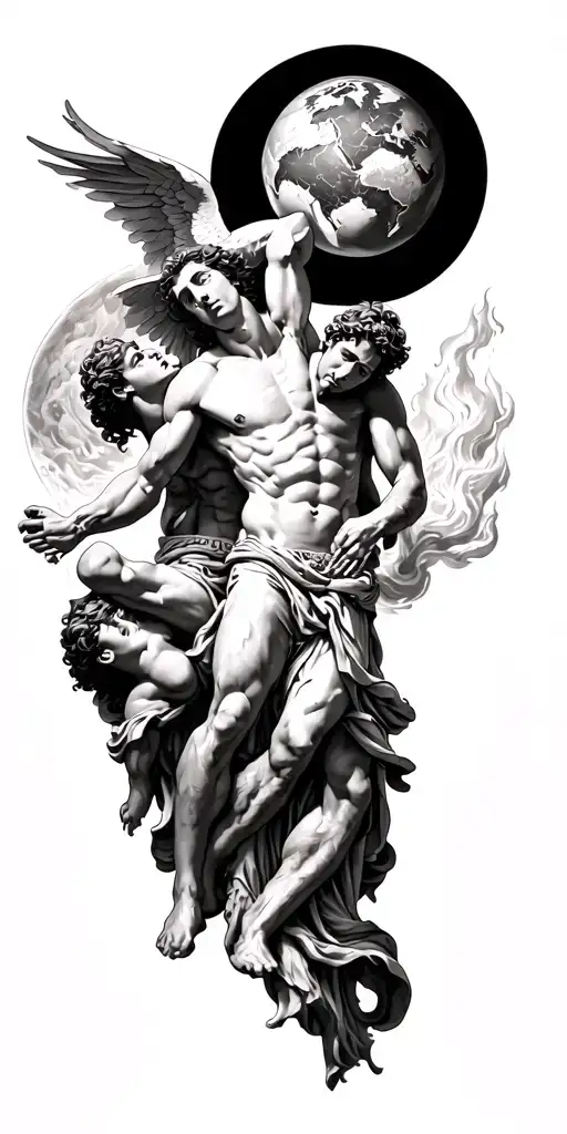 greek mythology sleeve tattoo with Atlas carrying the world, icarus falling, prometheas stealing fire tattoo design idea