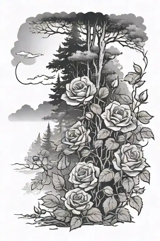 big foggy forest landscape with roses tattoo design idea