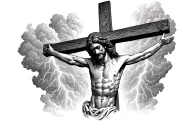 Jesus on the cross, in the background there is a thunderstorm, lightning, and fire tattoo design idea