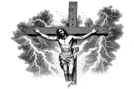 Jesus on the cross, in the background there is a thunderstorm, lightning, and fire tattoo design idea