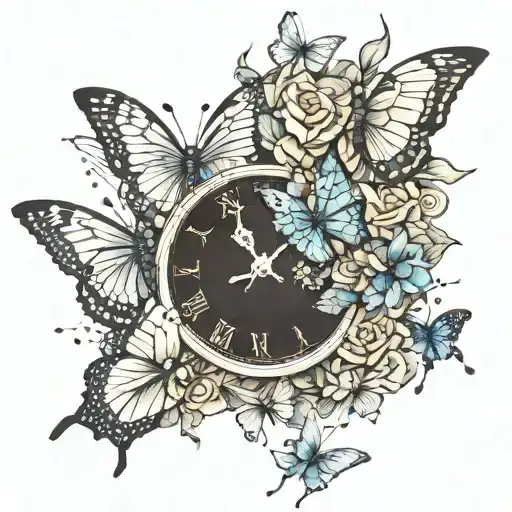 broken clock with butterflies tattoo design idea