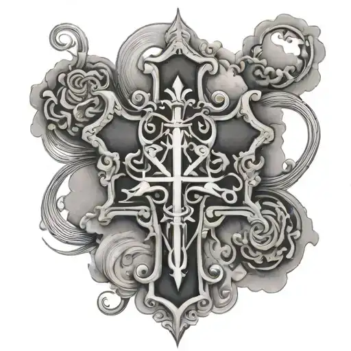 triantafylidis in cursive weighting with an orthodox cross clouds and shading  tattoo design idea