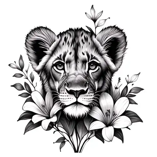 lion cubs flower intertwined tattoo design idea