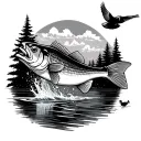 a bass jumping out of the water with a duck in the body of water surrounded by trees with a dove flying over the water tattoo design idea