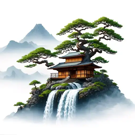 mount paozu with a japanese house on the top of the mountain, a large waterfall and many bonsai trees tattoo design idea