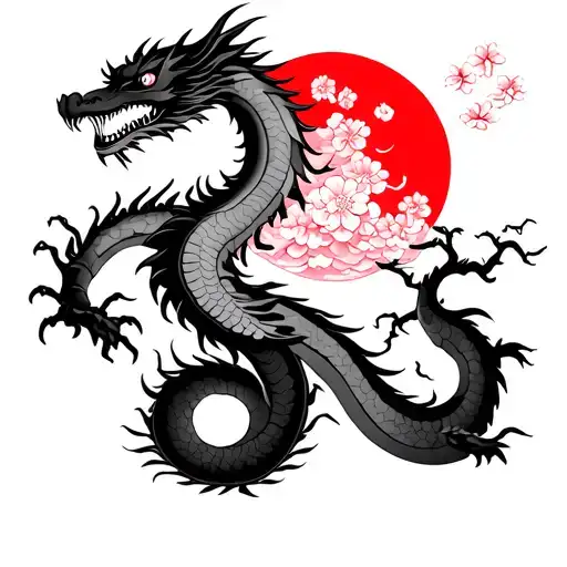 Dragon, samurai, sakura tree, red sun and moon tattoo design idea