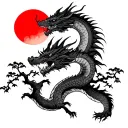 Dragon, samurai, sakura tree, red sun and moon tattoo design idea