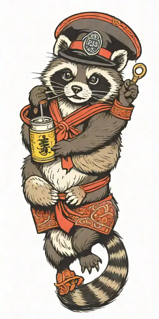 good fortune tanuki with hat and soju tattoo design idea