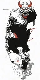 Anime character standing screaming wearing oni mask fighting off inner demons drowning tattoo design idea