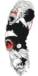 Anime character standing screaming wearing oni mask fighting off inner demons drowning tattoo design idea