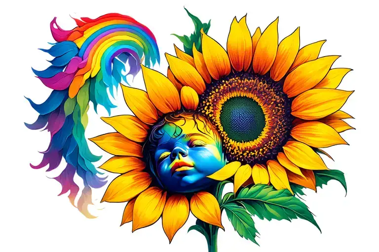 rainbow baby and sunshine sunflower intertwined tattoo design idea