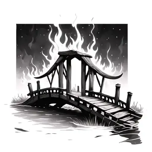 burning small wooden bridge tattoo design idea