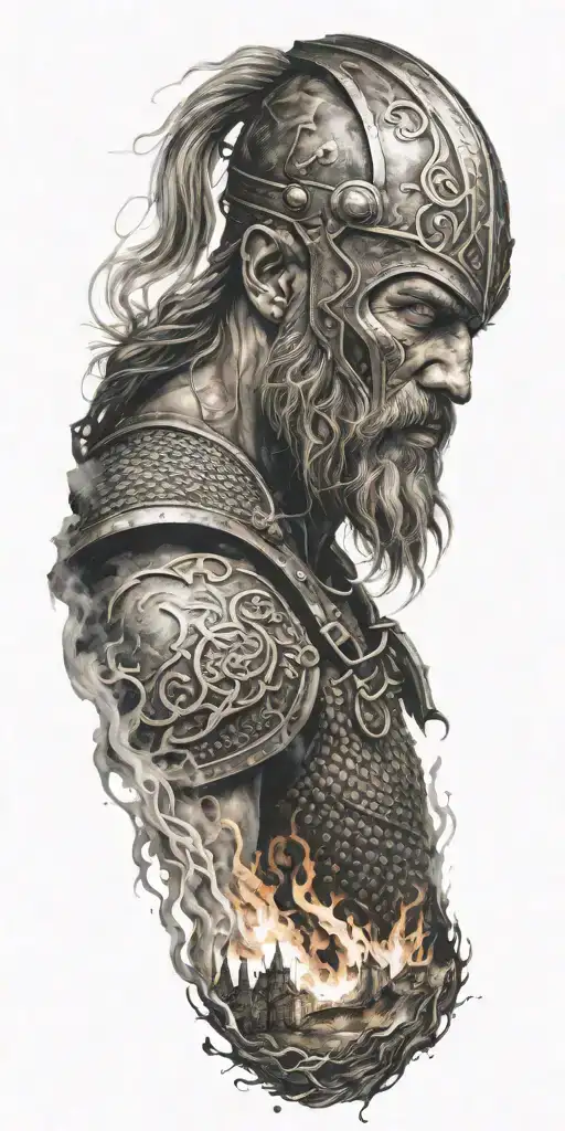 Viking warrior, ruined castles, fire and smoke forming the shape tattoo design idea