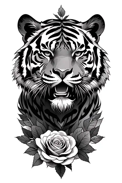 tiger head with roses and mandala design incorporating tattoo design idea