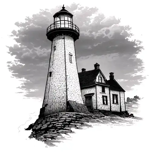 lighthouse with light shining and room on bricks to write initials tattoo design idea