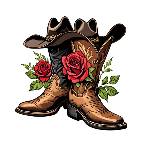 cowboy boots and cowboy hat with rose intertwined tattoo design idea